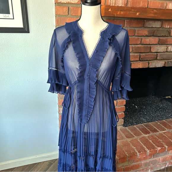 Self-Portrait Ruffled Lace Maxi Dress in Blue Sz 2 - Picture 5 of 15